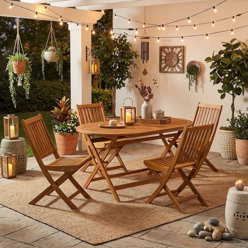 Alt View 2. Outdoor Escape - Wooden 5-Piece Outdoor Dining Set with 4 Slatted Back Chairs and Coffee Table - Natural Oil.
