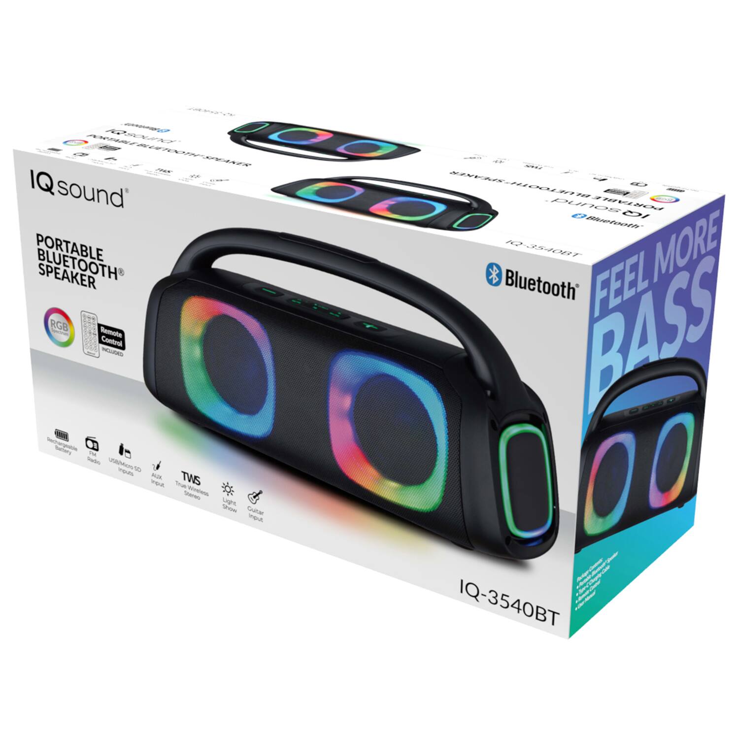 IQ sound  
PORTABLE BLUETOOTH SPEAKER  
RGB  
Remote Control Included  
Bluetooth  
FEEL MORE BASS  
IQ-3540BT  

- Micro SD Card Slot  
- USB Input  
- AUX Input  
- TWS (True Wireless Stereo)  
- Light Show  
- Guitar Output