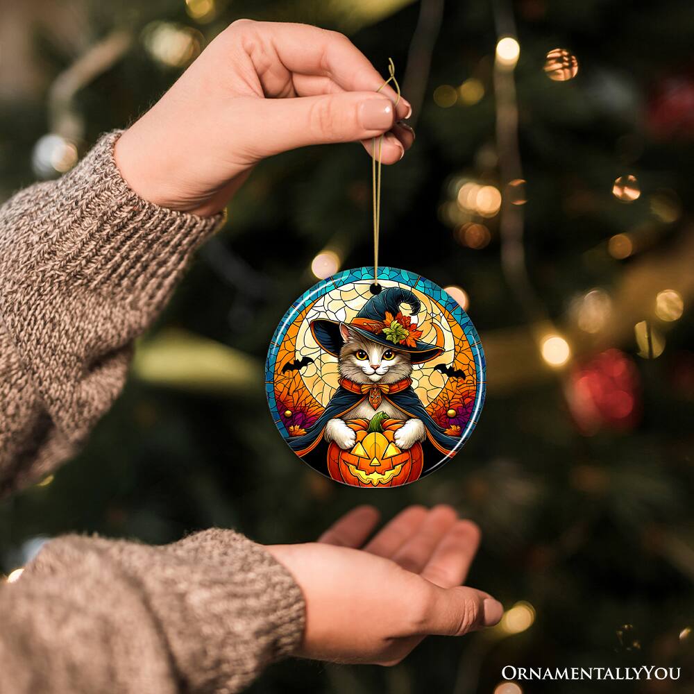 Alt View 1. OrnamentallyYou - Enchanted Cat Witch Stained Glass Style Ceramic Ornament Christmas Gift and Decor Version 1 - Multi-colored.