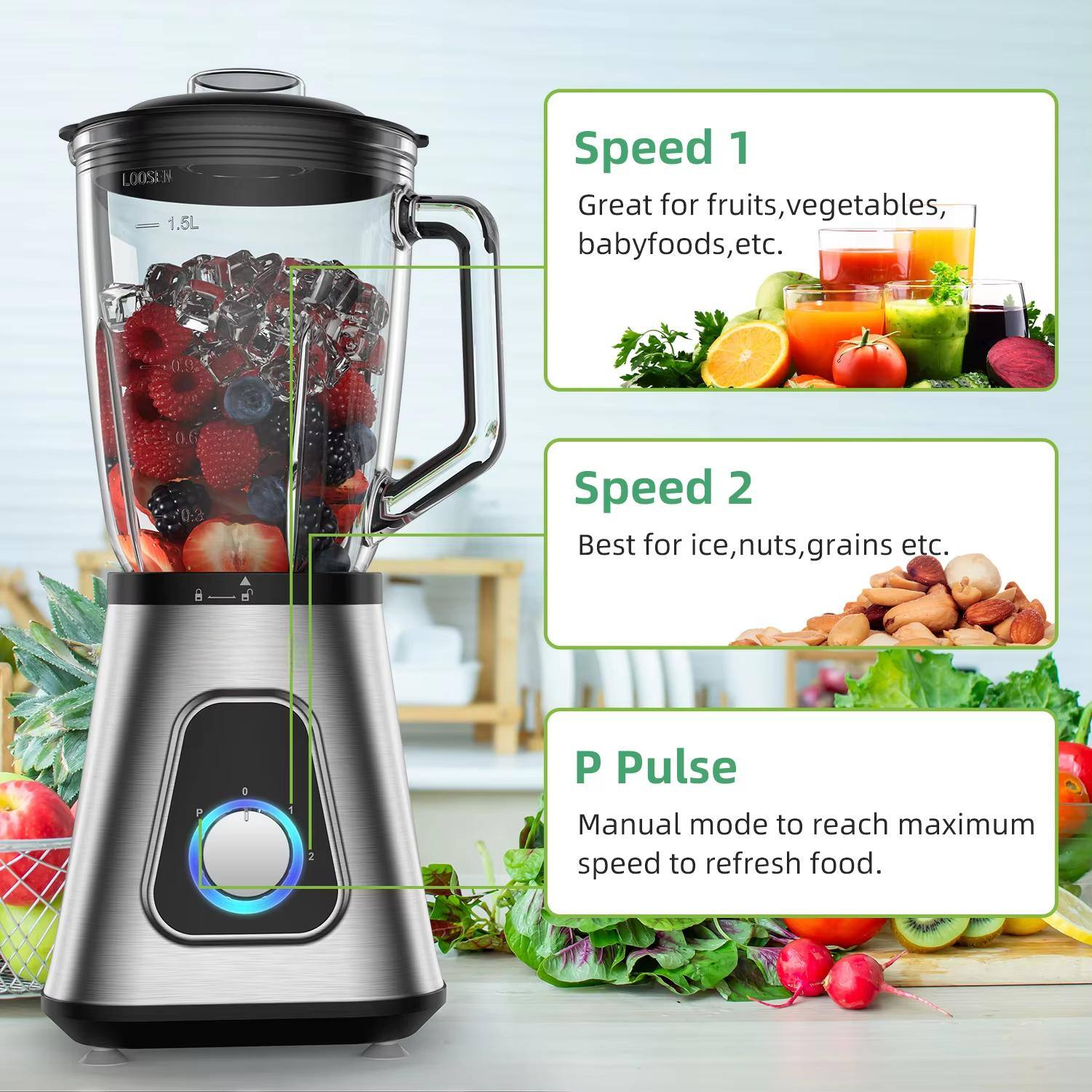 L00S 1.5L

Speed 1
Great for fruits, vegetables, babyfoods, etc.

Speed 2
Best for ice, nuts, grains, etc.

P Pulse
Manual mode to reach maximum speed to refresh food.