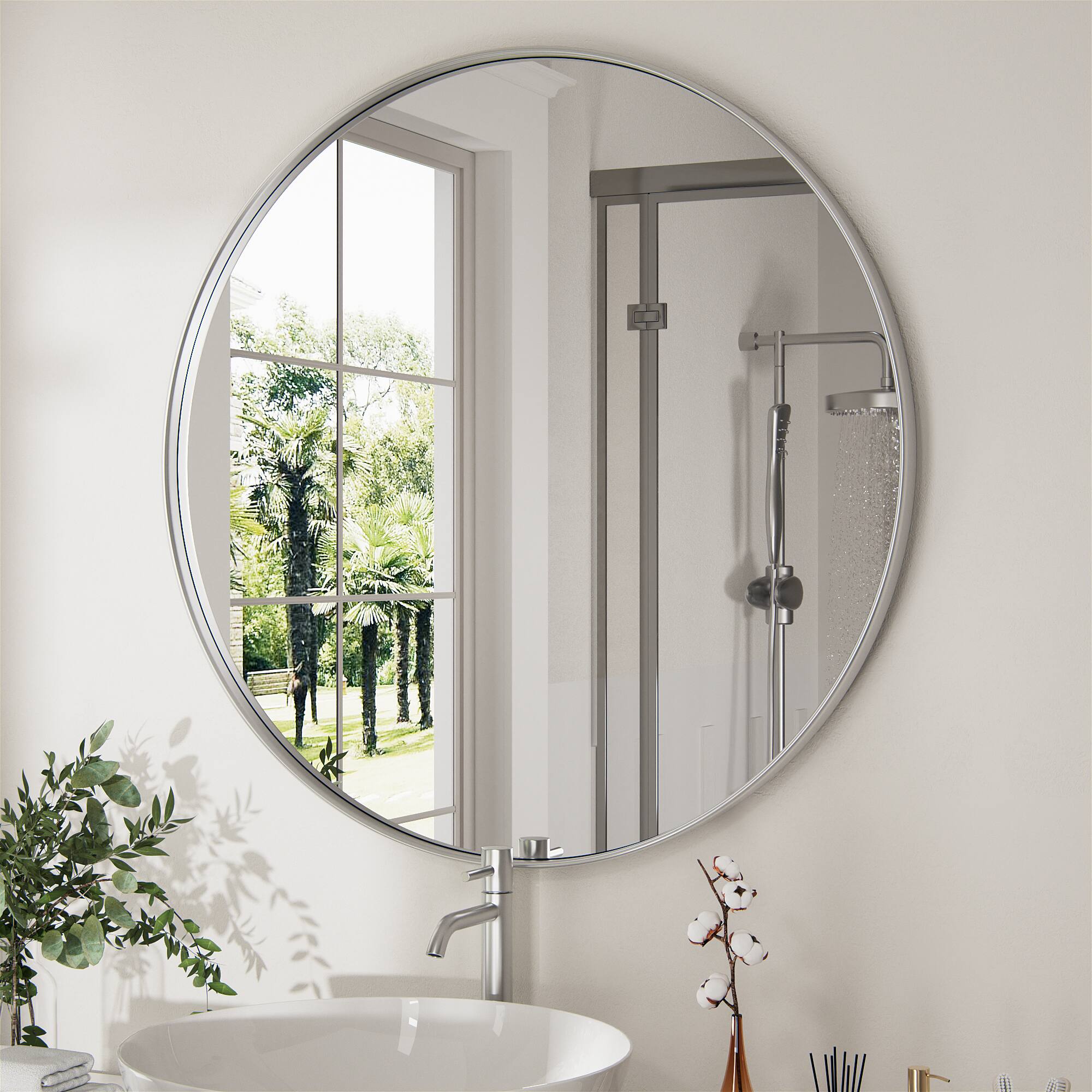 Alt View 6. PAIHOME - 36 Inch Round Bathroom Mirror, Metal Frame Circle Vanity Mirror for Bedroom, Living Room - Silver.