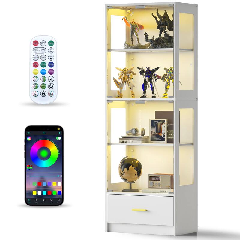 Skyzoo - 5-Tier Glass Display Cabinet with LED Lights & Adjustable Shelves & Drawer, Curio Cabinet for Home & Office - White