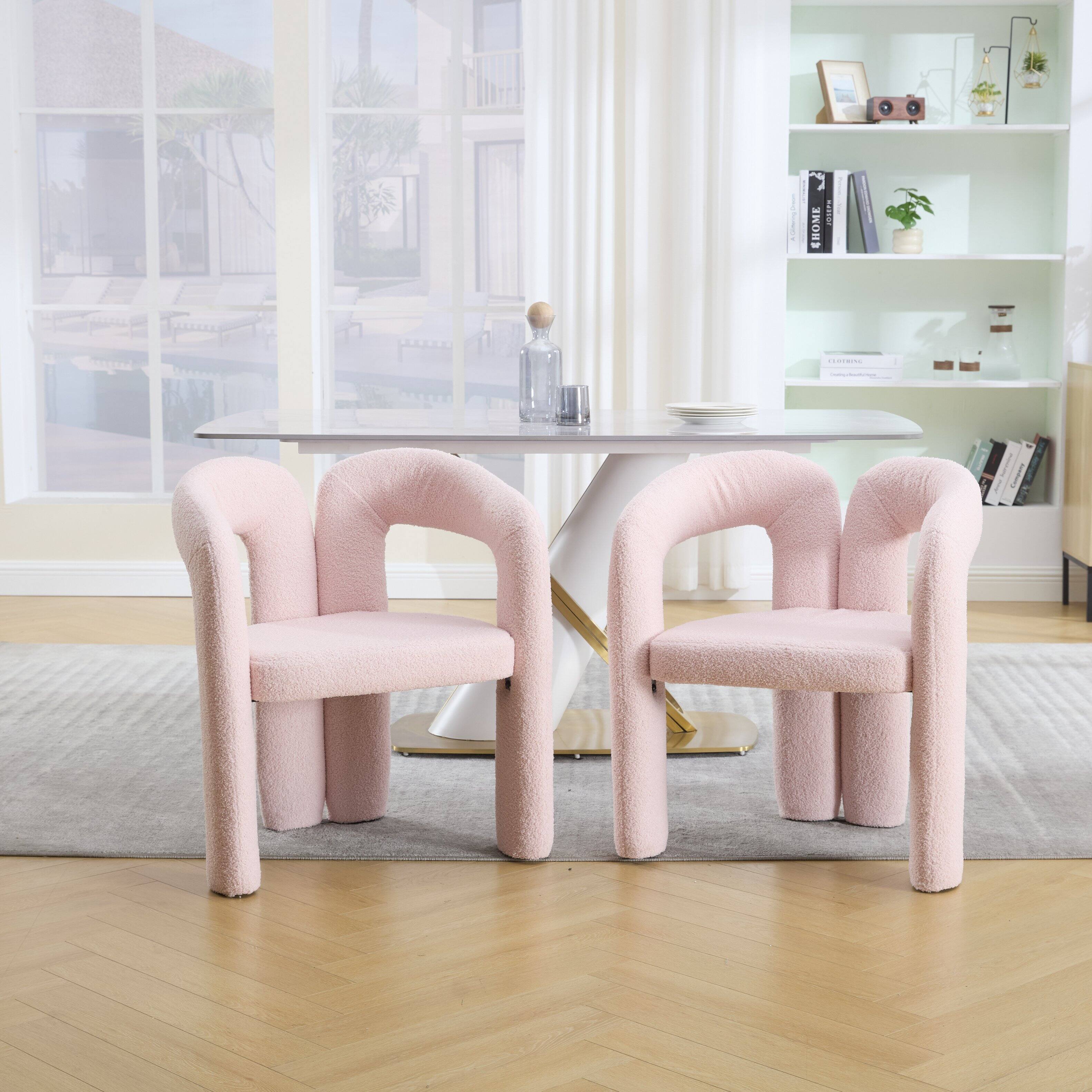 Back. Trinkets Crazed - Modern Barrel Dining Chairs Set of 2, Teddy Velvet Fabric Upholstered Kitchen  Accent Chairs with Arms/Open Back - Pink.