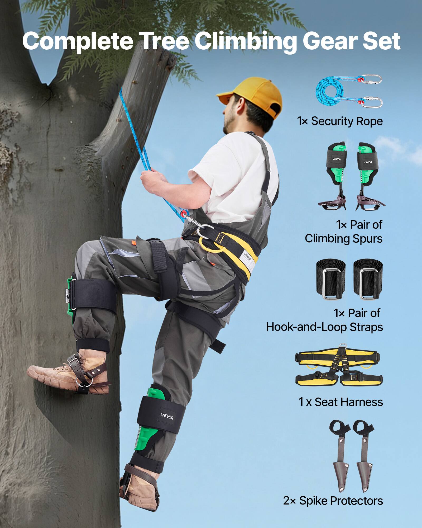 Complete Tree Climbing Gear Set  
1x Security Rope  
1x Pair of Climbing Spurs  
1x Pair of Hook-and-Loop Straps  
1x Seat Harness  
2x Spike Protectors