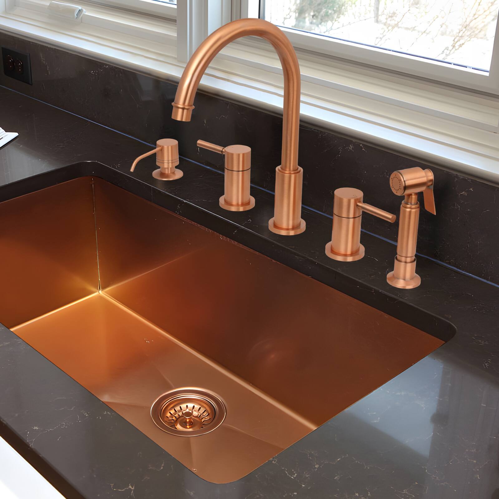 Alt View 4. Akicon - Akicon Brass Built-in Soap Dispenser for Kitchen Sink Refill from Top with 17 oz. Bottle in Copper - Copper.