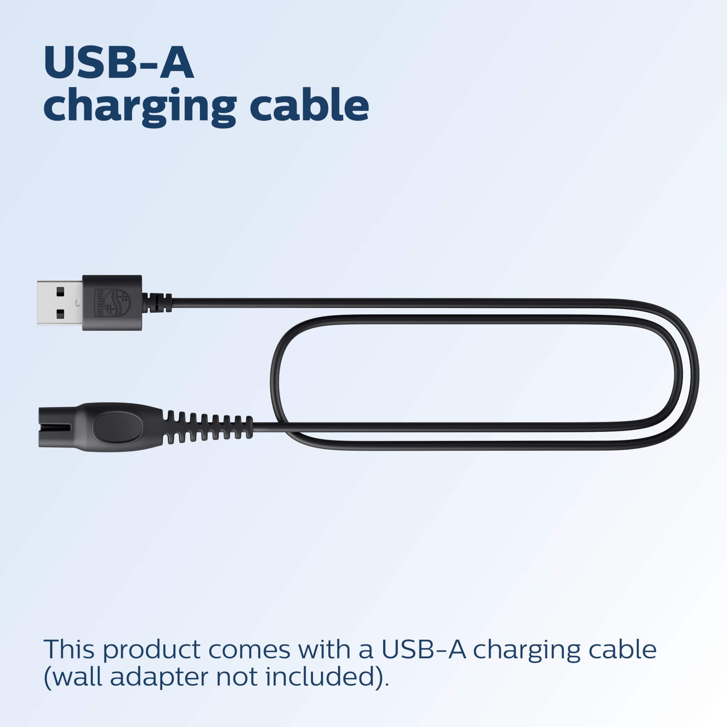 The image shows a USB-A charging cable with a black connector. The text on the image reads "This product comes with a USB-A charging cable (wall adapter not included)."