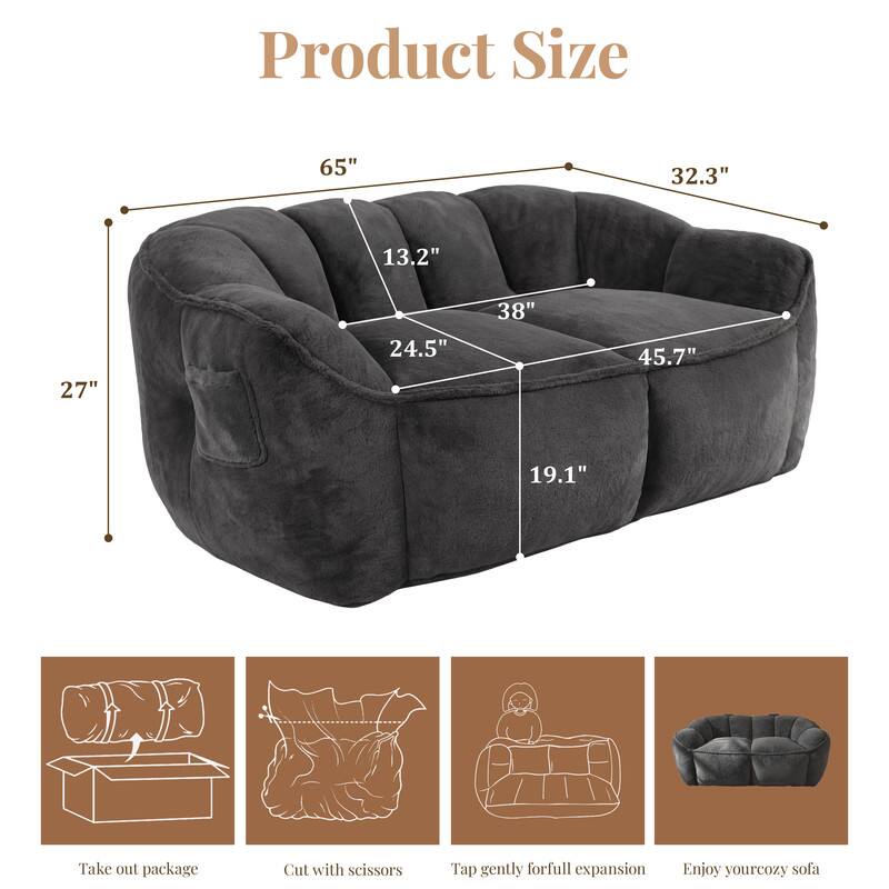 Product Size
65"
32.3"
13.2"
38"
27"
24.5"
45.7"
19.1"

Take out package
Cut with scissors
Tap gently for full expansion
Enjoy your cozy sofa