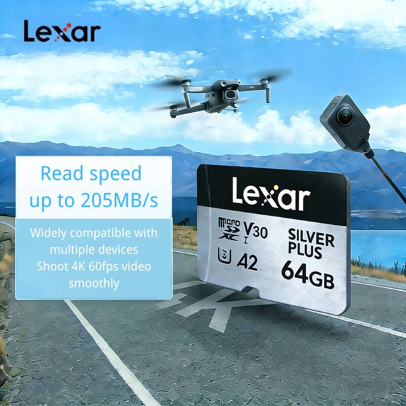 Lexar Read speed up to 205MB/s Widely compatible with multiple devices Shoot 4K 60fps video smoothly Lexar mando V30 SILVER PLUS A2 64GB