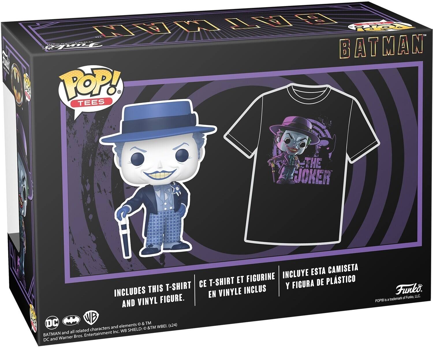 F 1 MAALT BAT O - .h Fu BATMAN POP! TEES THE JJOKER INCLUYE ESTA CAMISETA T-SHIRT ET FIGURINE DE PLSTICO T-SHIRT CE Y FIGURA INCLUDES THIS VINYLE INCLUS EN AND VINYL FIGURE. DC WB . & TM and elements &TM WBEL (524) characters SHIELD:  and all related Inc. WB BATMAN Bros. Entertainment DC and Warner Funko. of Funko, LLC POPIS 5  trademark