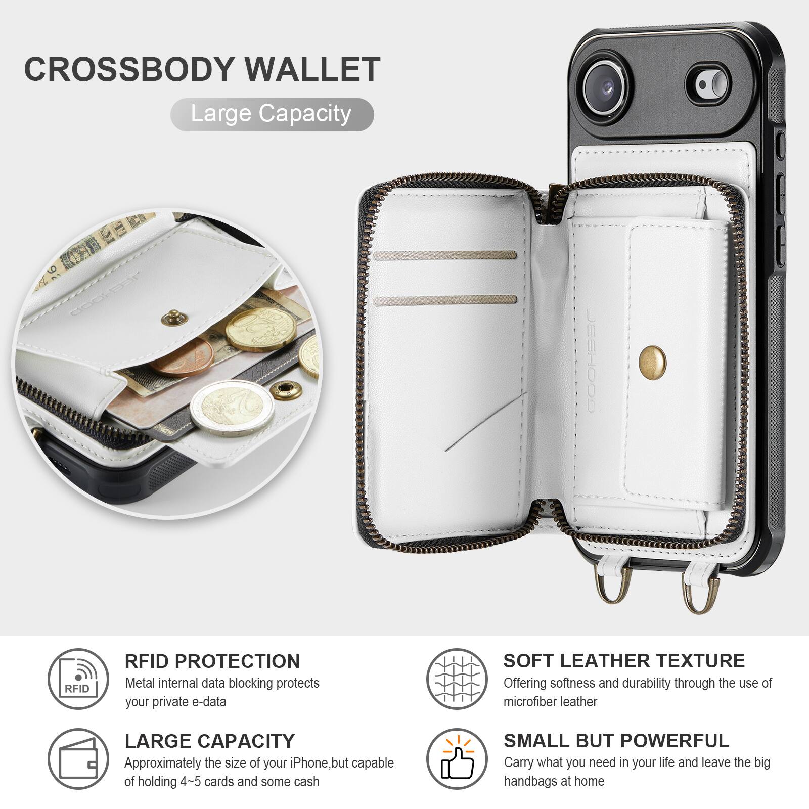 CROSSBODY WALLET

Large Capacity

RFID PROTECTION
Metal internal data blocking protects your private e-data

LARGE CAPACITY
Approximately the size of your iPhone, but capable of holding 4-5 cards and some cash

SOFT LEATHER TEXTURE
Offering softness and durability through the use of microfiber leather

SMALL BUT POWERFUL
Carry what you need in your life and leave the big handbags at home