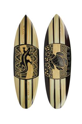Chesapeake Bay - Set Of 2 Hand Carved Wood Surfboards Tiki Decor Lizard Turtle Wall Hanging Art - Brown