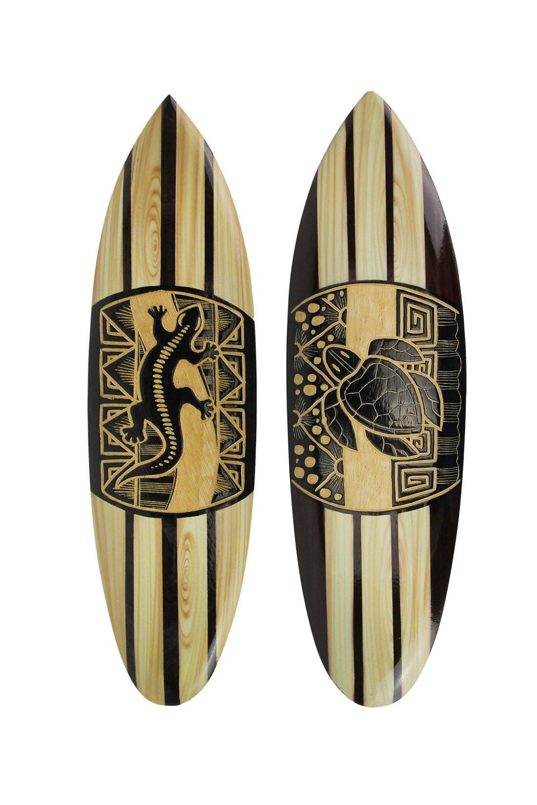 Front. Chesapeake Bay - Set Of 2 Hand Carved Wood Surfboards Tiki Decor Lizard Turtle Wall Hanging Art - Brown.
