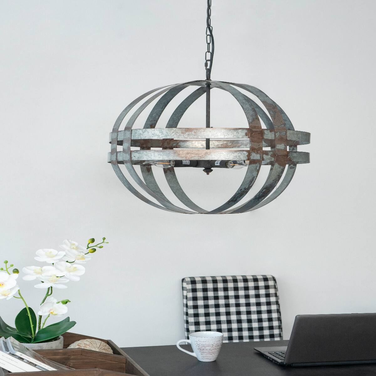 Left. Loheer - Loheer 4-Light Galvanized Steel Chandelier with Adjustable Chain, Antique Silver.