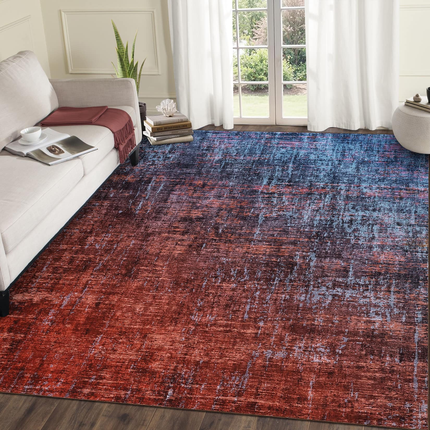 GARVEE - Modern Gradient Style Area Rug Non Slip Non Shedding Ultra Thin Washable Floor Rug for Living Room Bedroom Home Office - Red Blue