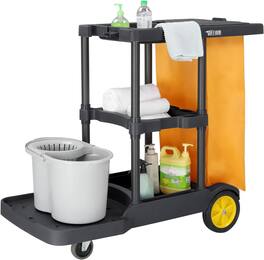 Winado - Commercial Traditional Cleaning Janitorial 3-Shelf Cart 500 Lbs Capacity Housekeeping Cart w/ Yellow Vinyl Bag for Hotel - Black