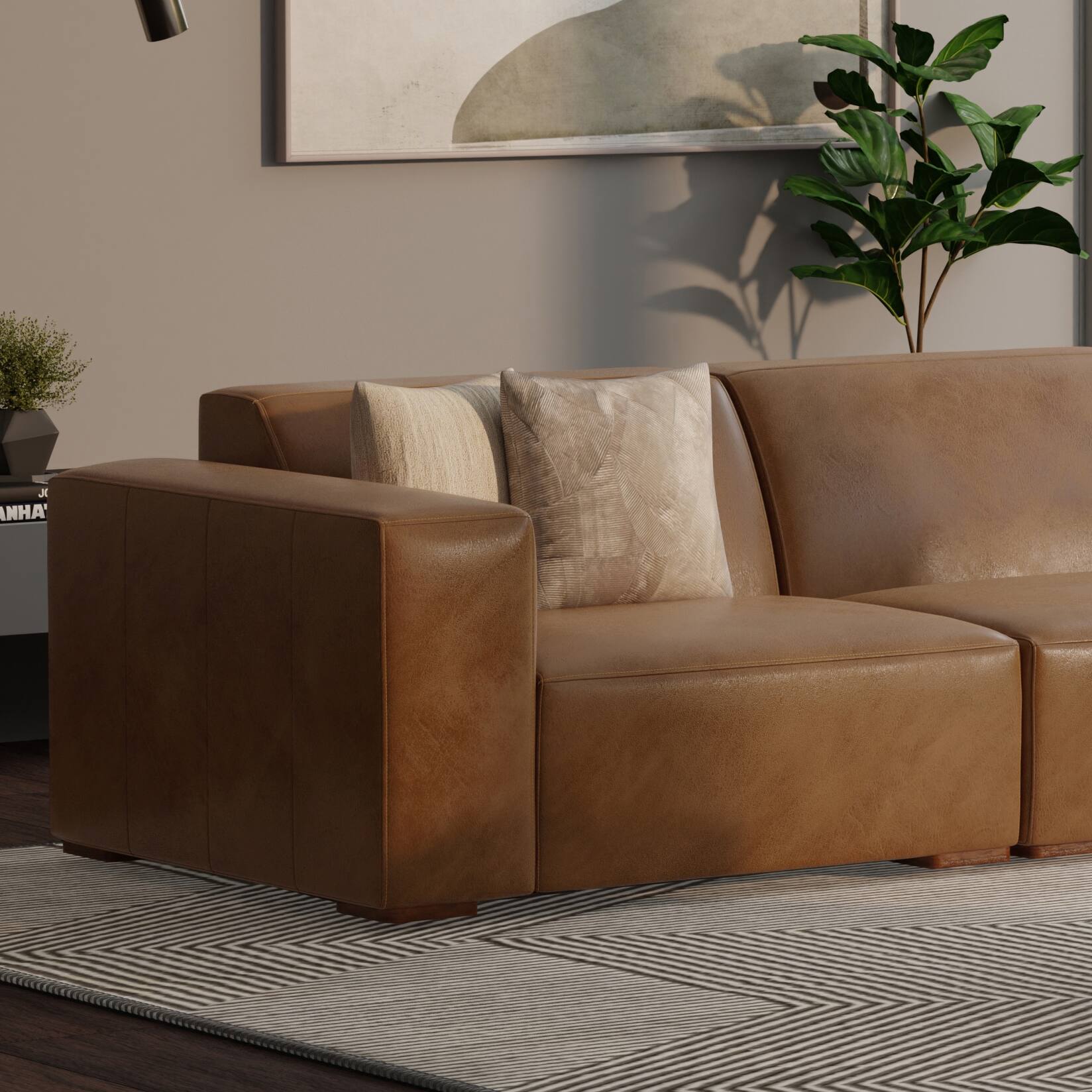 Angle. Simpli Home - Rex Left-Arm Sofa Module in Genuine Leather - Caramel Brown.
