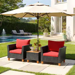 Kadyn - 3 Pieces Outdoor Patio Rattan Furniture Set with Coffee Table and Cushions - Red