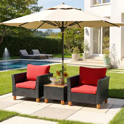 Front. Kadyn - 3 Pieces Outdoor Patio Rattan Furniture Set with Coffee Table and Cushions-Red - Red.