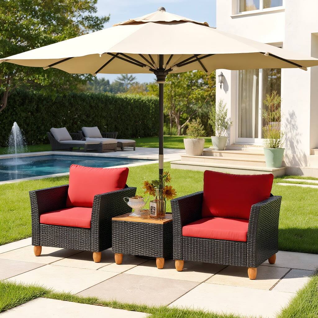 Front. Kadyn - 3 Pieces Outdoor Patio Rattan Furniture Set with Coffee Table and Cushions-Red - Red.