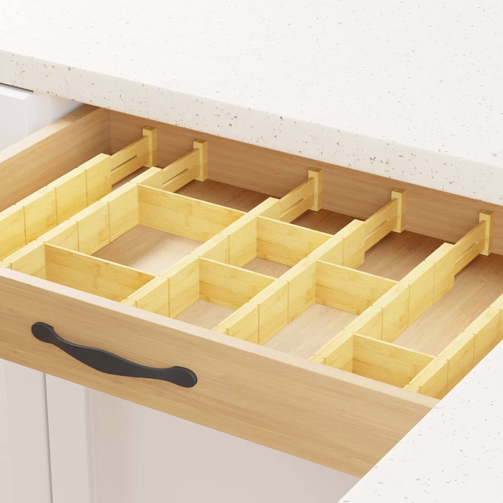 Alt View 2. Tooloton - Adjustable Bamboo Drawer Dividers Organizer Set with Inserts and Labels - 6 Dividers & 12 Inserts (17-22 Inch) - Natural.