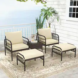 Costway - 5 PCS Patio Conversation Set Outdoor Wicker Chair Set with Ottomans & Coffee Table - Beige