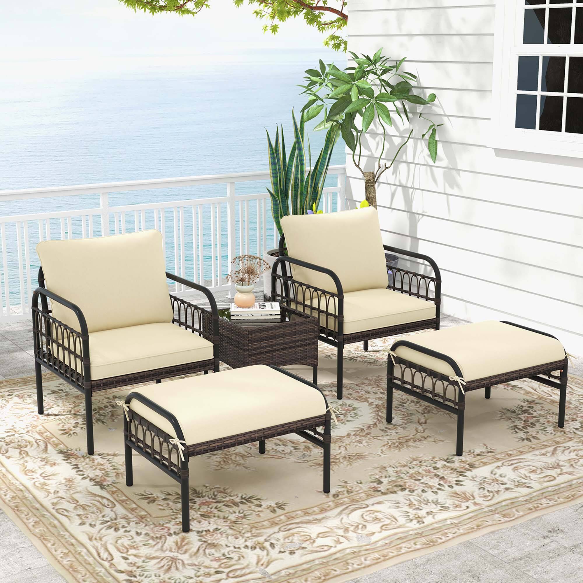 Alt View 1. Costway - Costway 5 PCS Patio Conversation Set Outdoor Wicker Chair Set with Ottomans & Coffee Table - Beige.