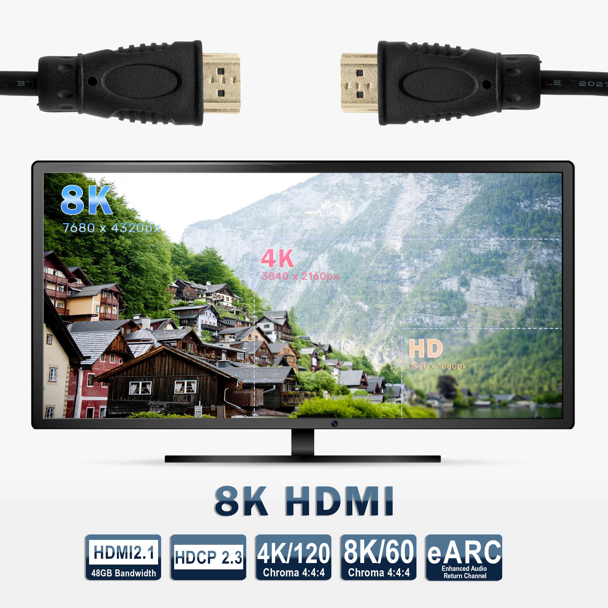 8K HDMI

8K  
7680 x 4320px

4K  
3840 x 2160px

HD  
1920 x 1080px

HDMI2.1  
48GB Bandwidth

HDCP 2.3

4K/120  
Chroma 4:4:4

8K/60  
Chroma 4:4:4

eARC  
Enhanced Audio Return Channel