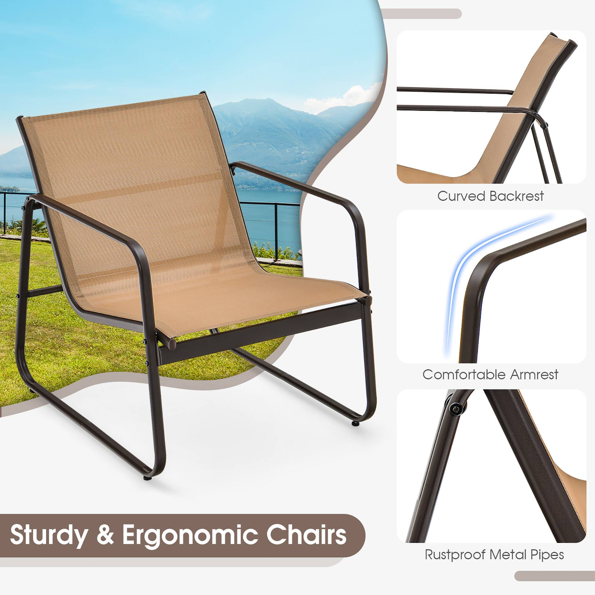 - Curved Backrest
- Comfortable Armrest
- Rustproof Metal Pipes
- Sturdy & Ergonomic Chairs