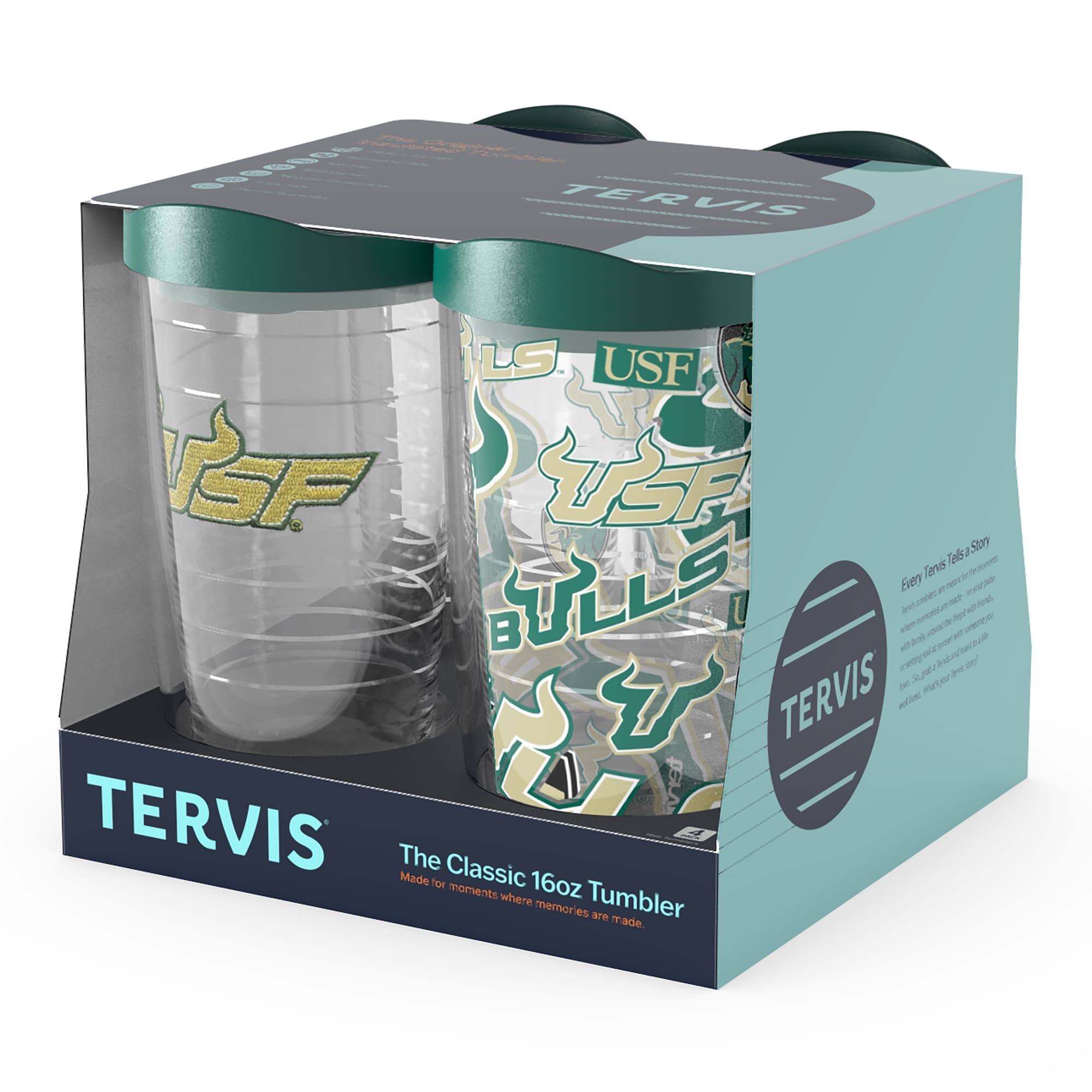 TERVIS  
The Classic 16oz Tumbler  
Made for moments where memories are made.  

USF BULLS  

TERVIS  
The Classic 16oz Tumbler  
Made for moments where memories are made.  

Aven Tana Tells All  
[Text on the right side of the box is not fully legible and appears to be promotional or descriptive text about the product.]