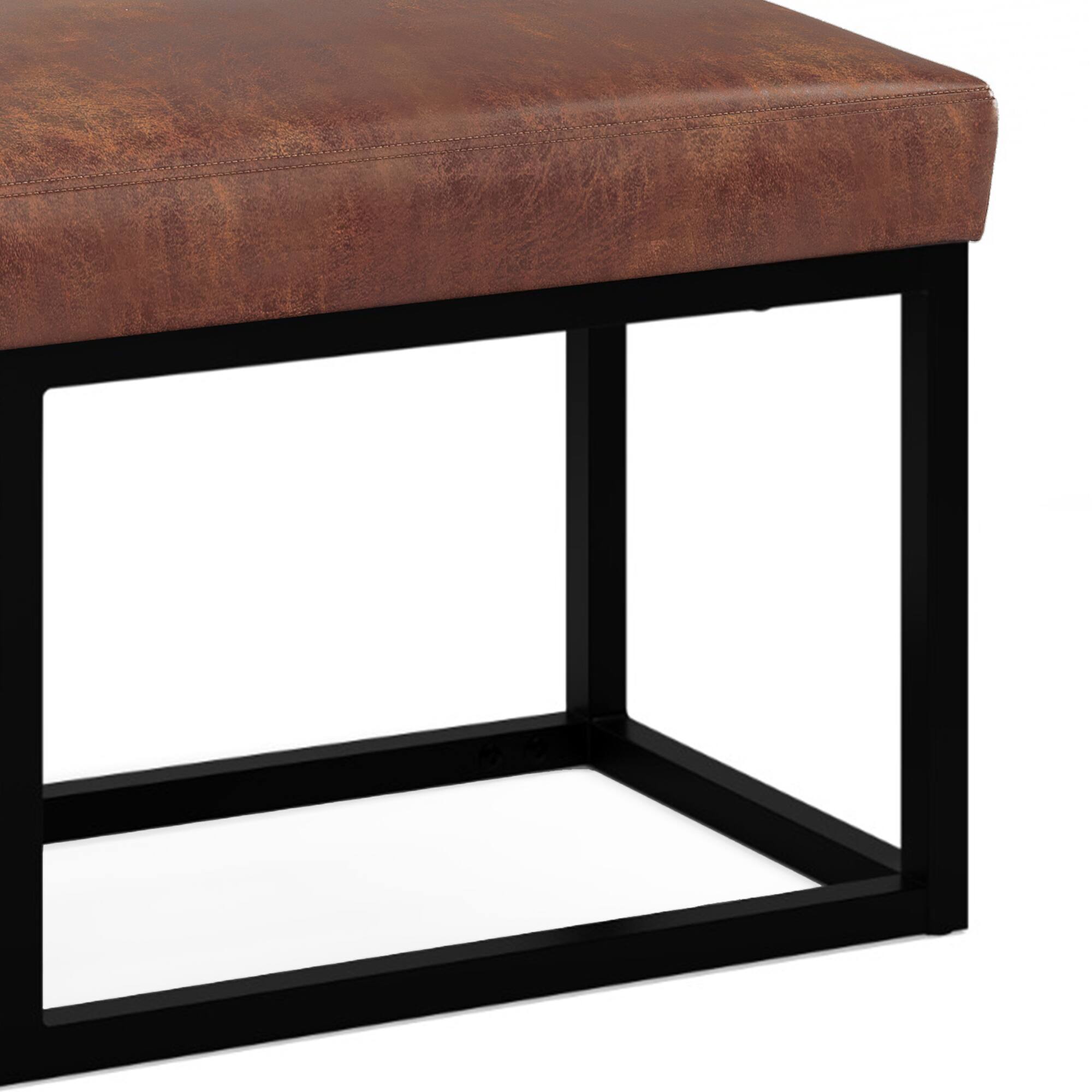 Alt View 2. Simpli Home - Reynolds Ottoman Bench in Distressed Saddle Brown Faux Leather - Distressed Saddle Brown.