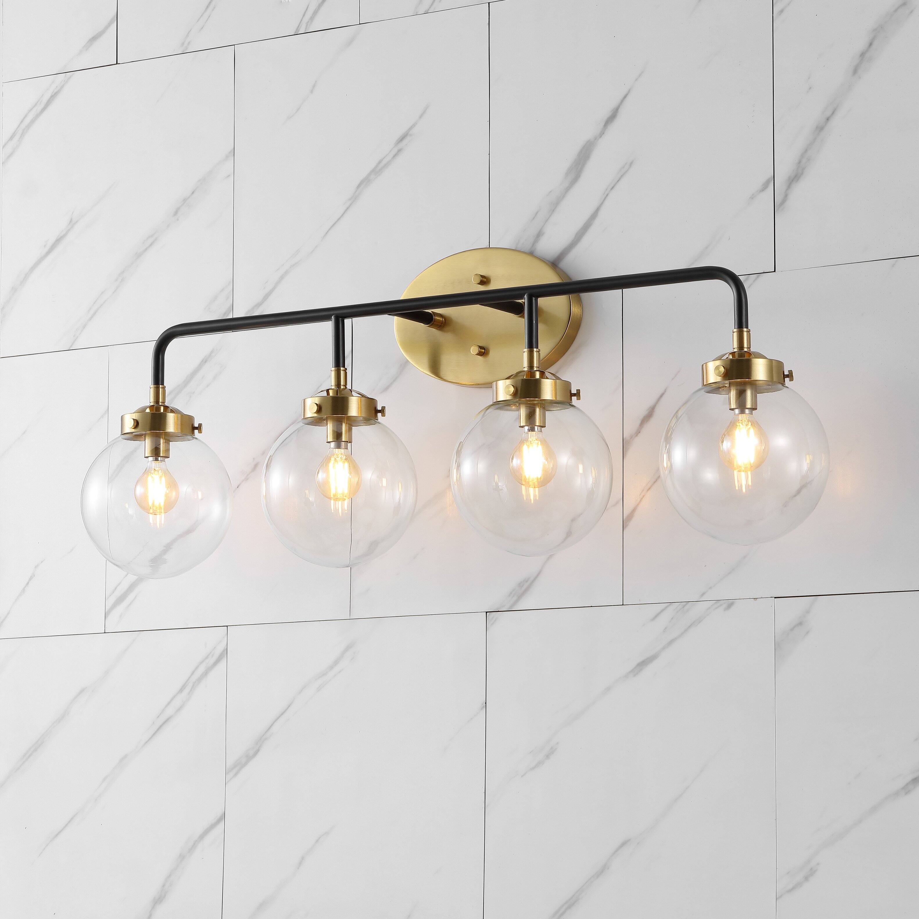 Alt View 1. Jonathan Y - Caleb 30.75" 4-Light Contemporary Transitional Iron/Glass LED Vanity Light, Black/Brass Gold - Black/Brass Gold.