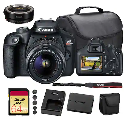Canon MOUNT EF-EOS 5 Adapter
Canon EOS Rebel T100
EF-S Lens 18-55mm Zoom Canon 1:3.5-5.6
64GB SDXC Card
Canon Charger
Canon Battery
EOS Strap