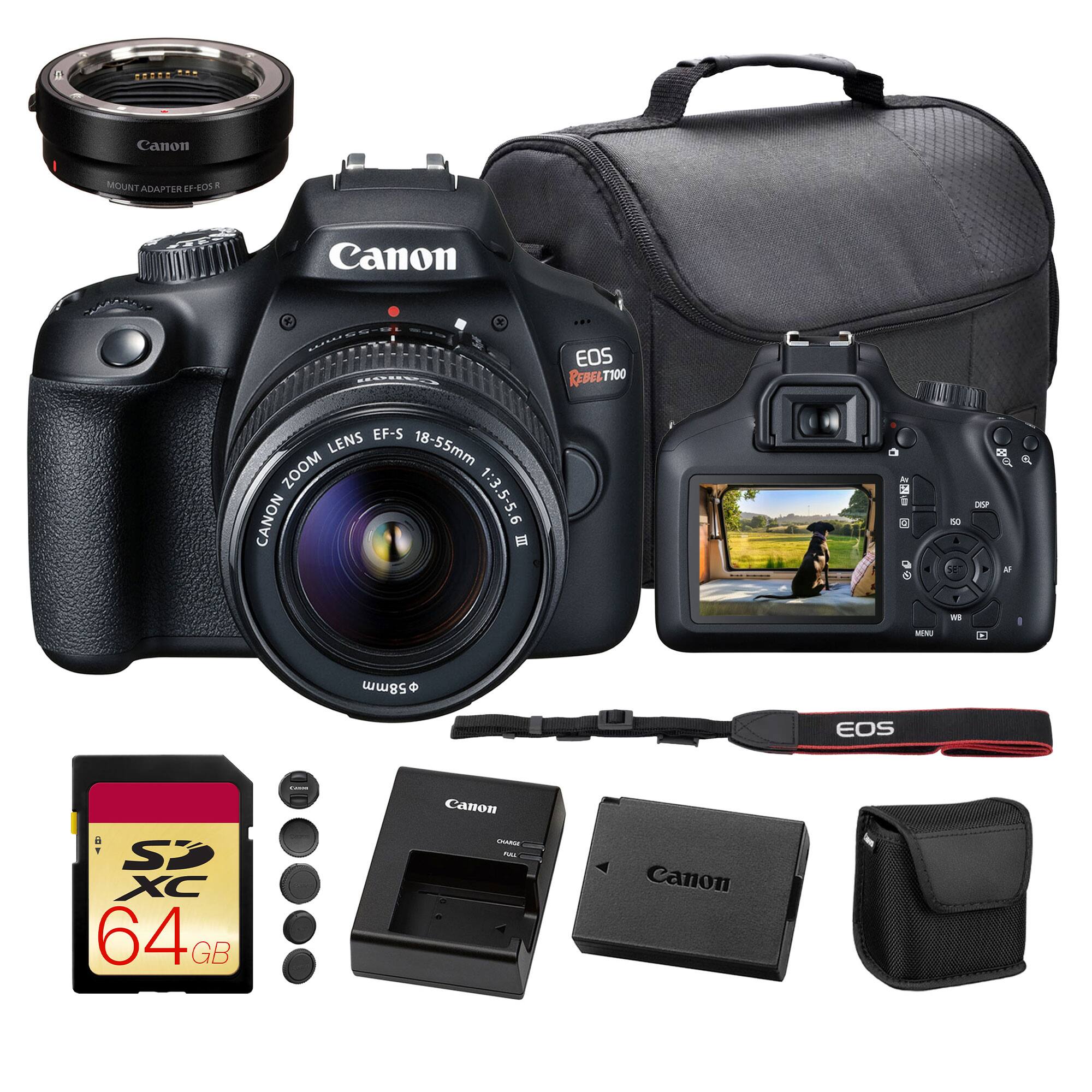 Canon MOUNT EF-EOS 5 Adapter  
Canon EOS Rebel T100  
EF-S Lens 18-55mm Zoom Canon 1:3.5-5.6  
64GB SDXC Card  
Canon Charger  
Canon Battery  
EOS Strap