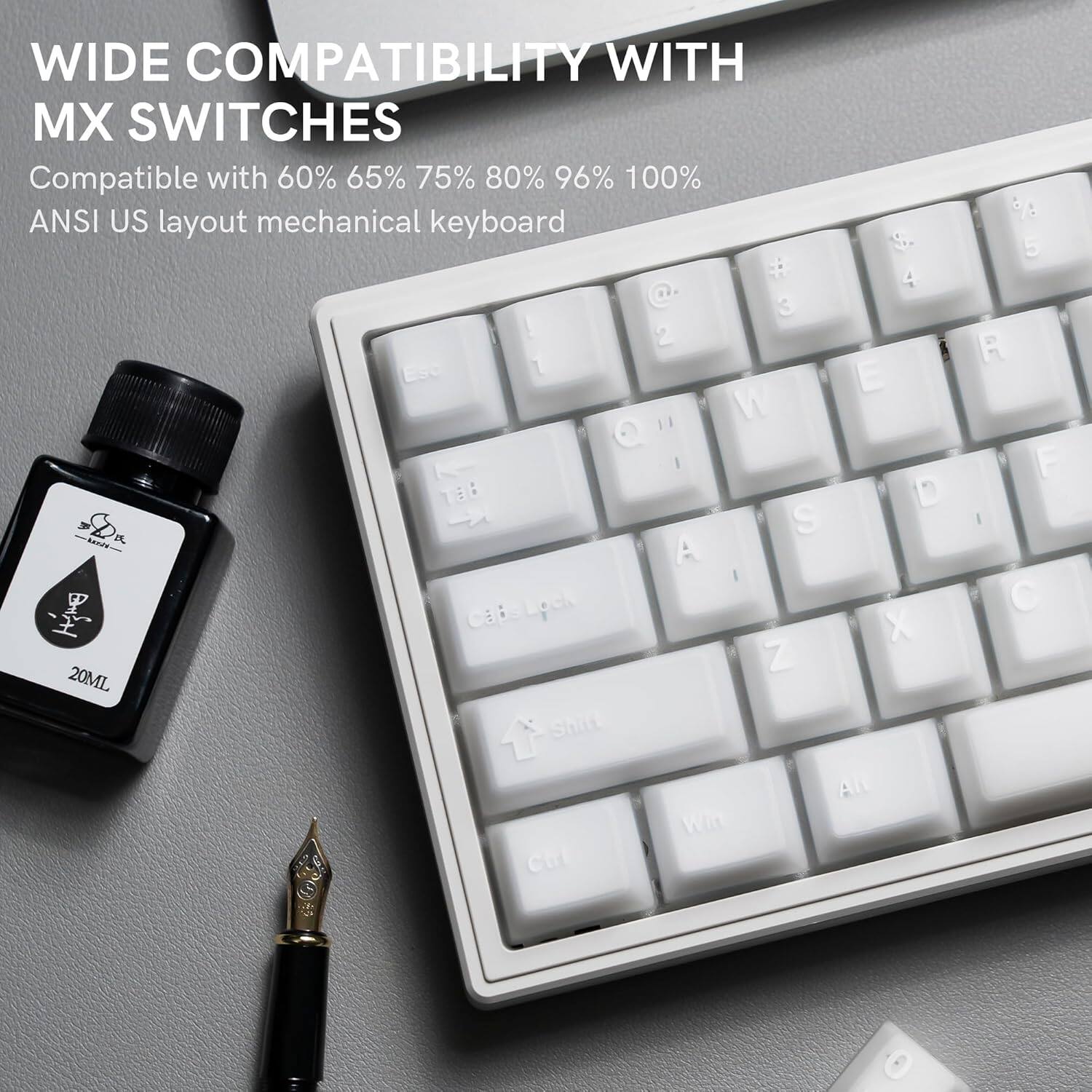 WIDE COMPATIBILITY WITH MX SWITCHES  
Compatible with 60% 65% 75% 80% 96% 100% ANSI US layout mechanical keyboard