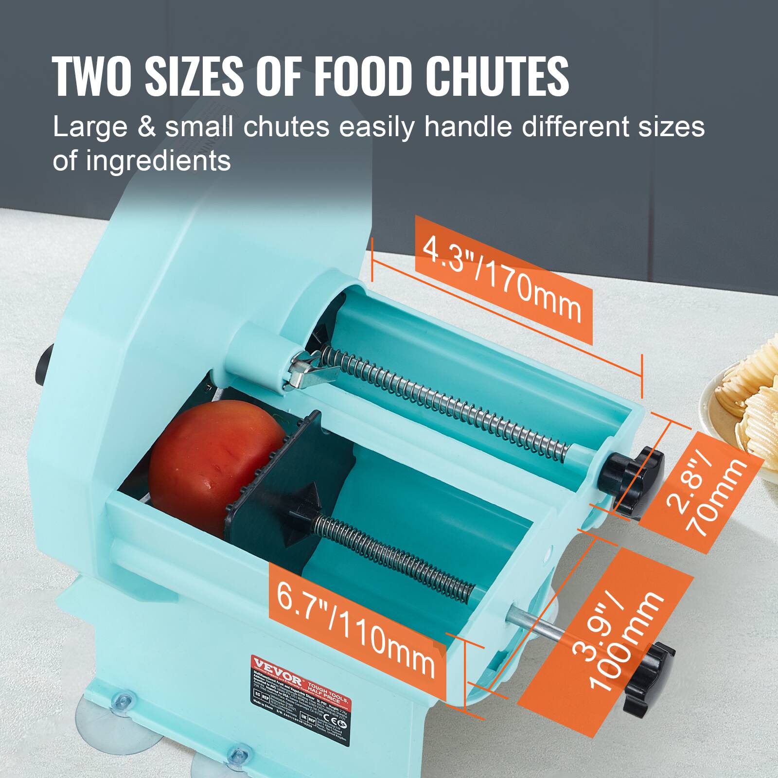 TWO SIZES OF FOOD CHUTES  
Large & small chutes easily handle different sizes of ingredients  

4.3"/170mm  
6.7"/110mm  
2.8"/70mm  
3.9"/100mm