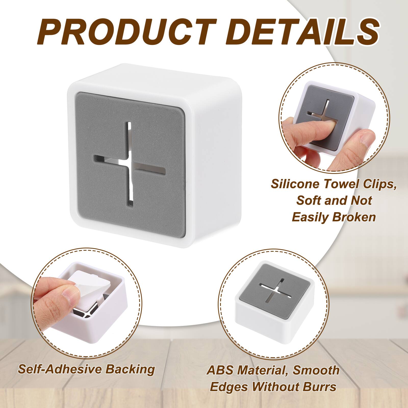PRODUCT DETAILS

- Silicone Towel Clips, Soft and Not Easily Broken
- Self-Adhesive Backing
- ABS Material, Smooth Edges Without Burrs