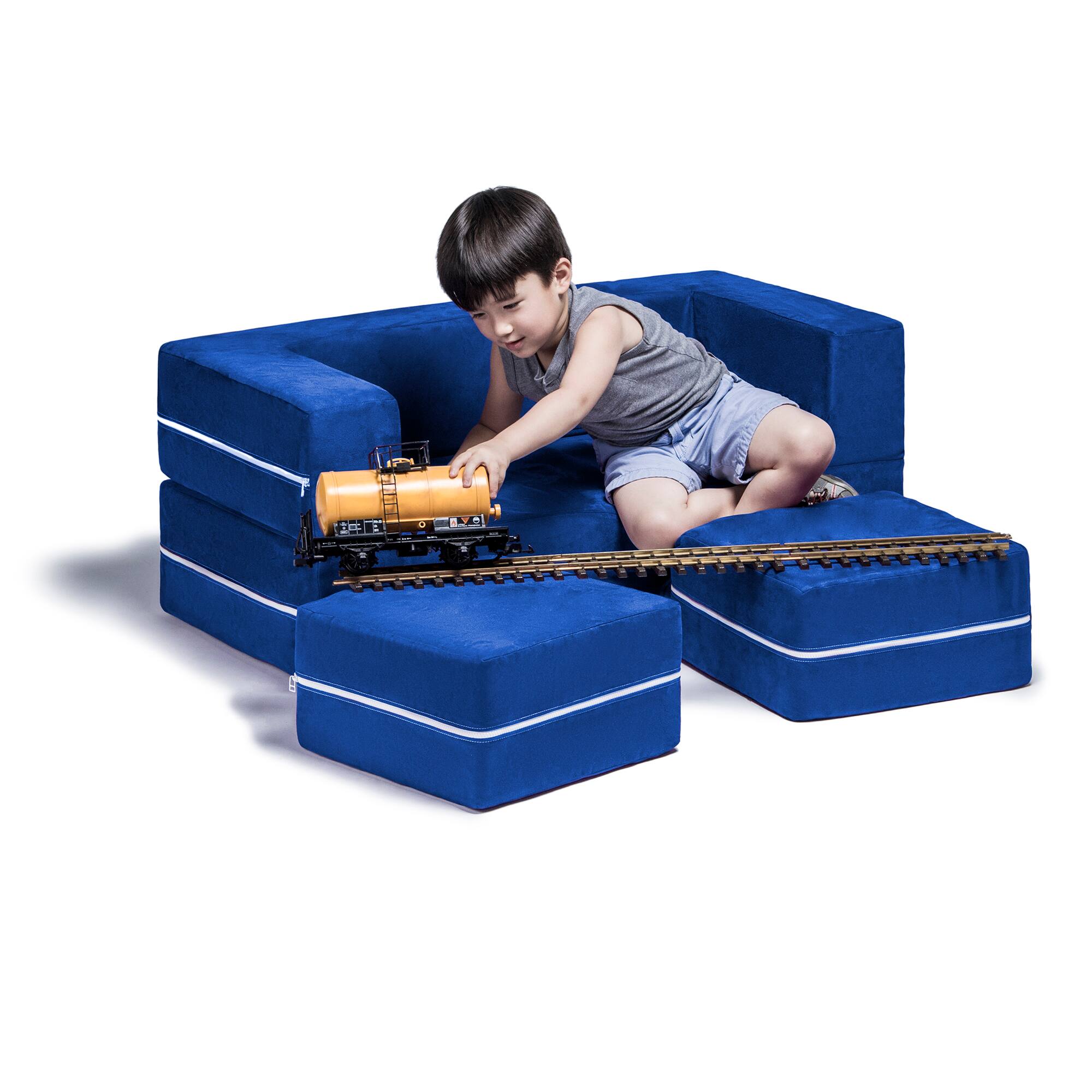 Left. Jaxx - Jaxx Zipline Kids Modular Loveseat & Ottomans/Fold Out Lounger, Blueberry - Blueberry.