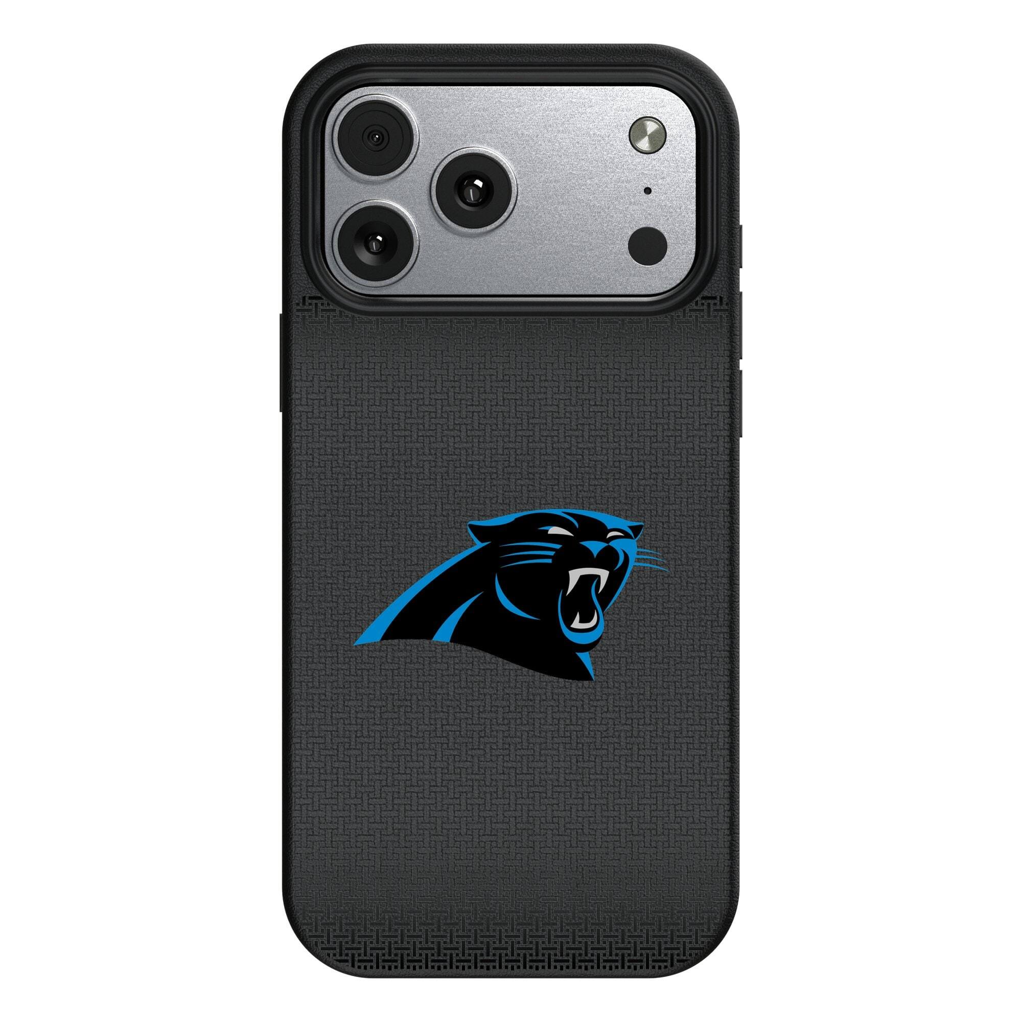 Front. Keyscaper - Carolina Panthers Linen Logo iPhone Magnetic Bump Case - 15 Pro - Black.