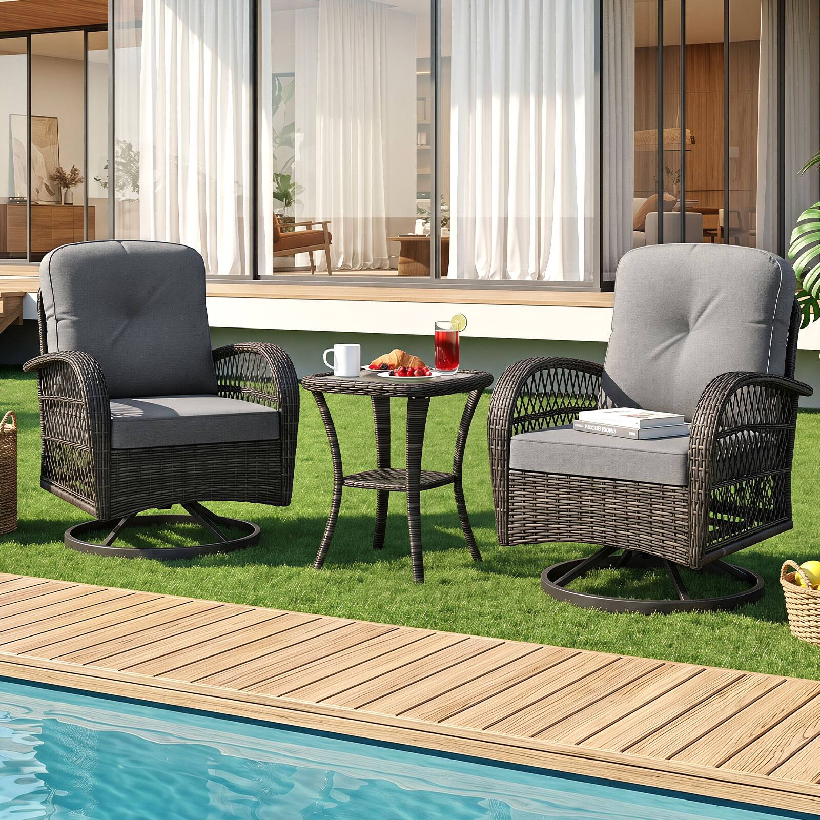 Alt View 4. Costway - Costway 3PCS Patio Swivel Rocker Set Gliding Bistro Furniture Set with Tempered Glass Table - Gray.