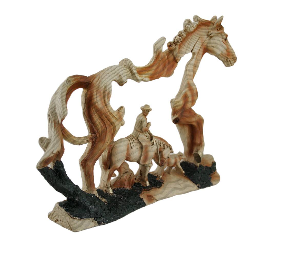Alt View 1. Zeckos - Horse and Cowboy Faux Wood Carving Statue - Brown.