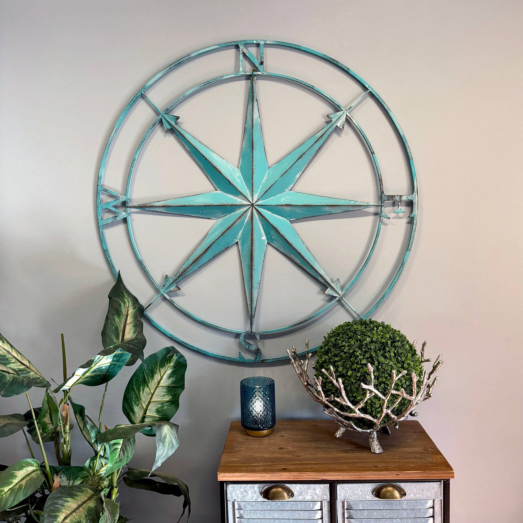 Alt View 3. Zeckos - 39 inch Aqua Metal Compass Rose Wall Decor Distressed Nautical Coastal Art - Aqua.