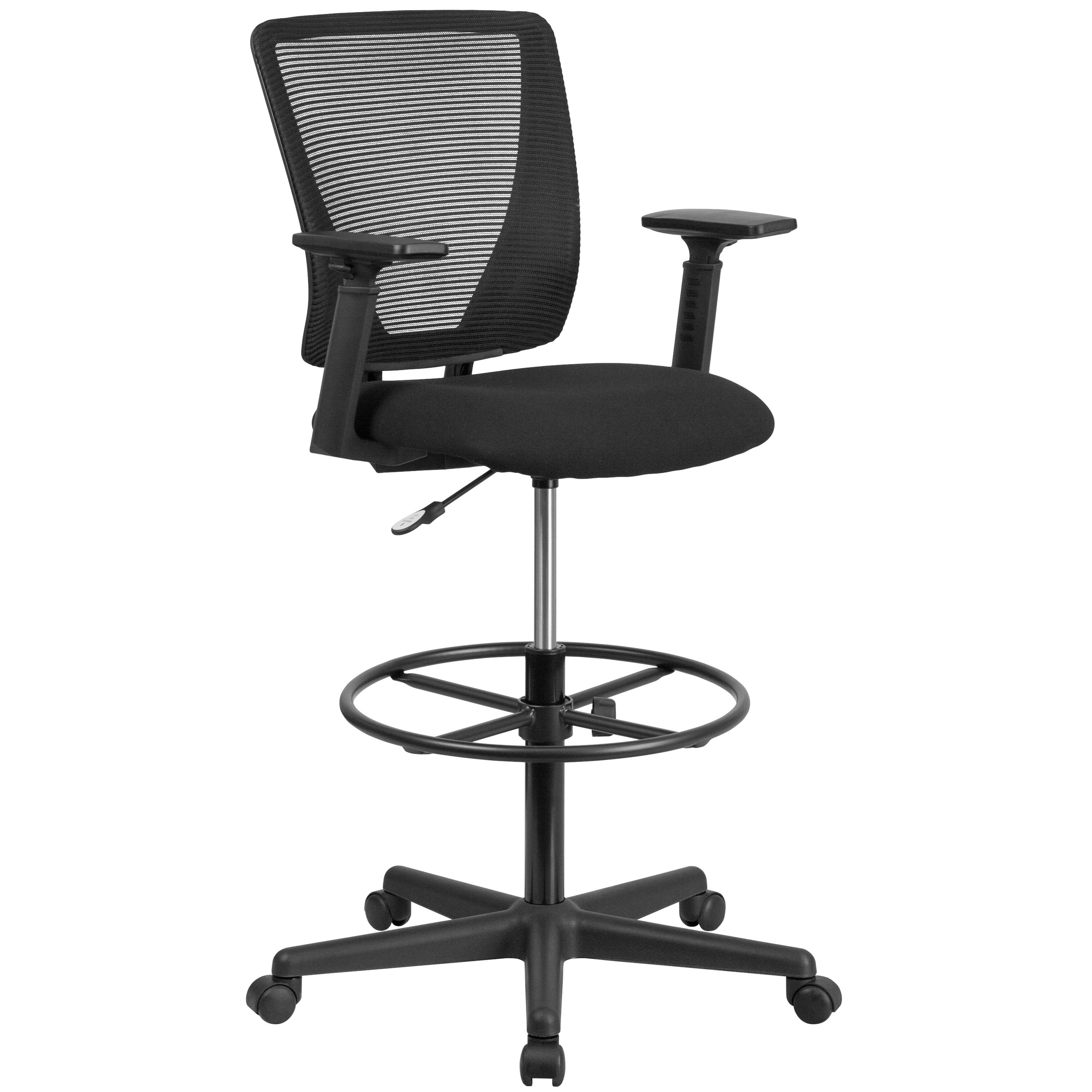 Front. Emma + Oliver - Ergonomic Mid-Back Mesh Drafting Chair with Fabric Seat, Adjustable Foot Ring and Arms - Black.