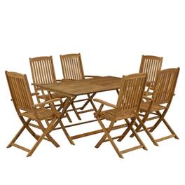 Outdoor Escape - 7 Piece Clear Oil Bistro Table Set with 6 Folding Armchairs and Durable Finish - Natural Oil