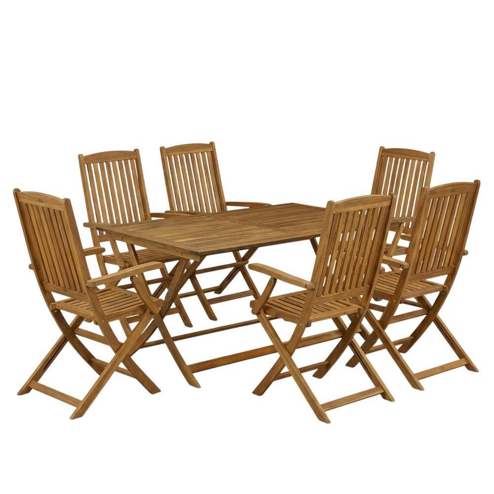 Front. Outdoor Escape - 7 Piece Clear Oil Bistro Table Set with 6 Folding Armchairs and Durable Finish - Natural Oil.