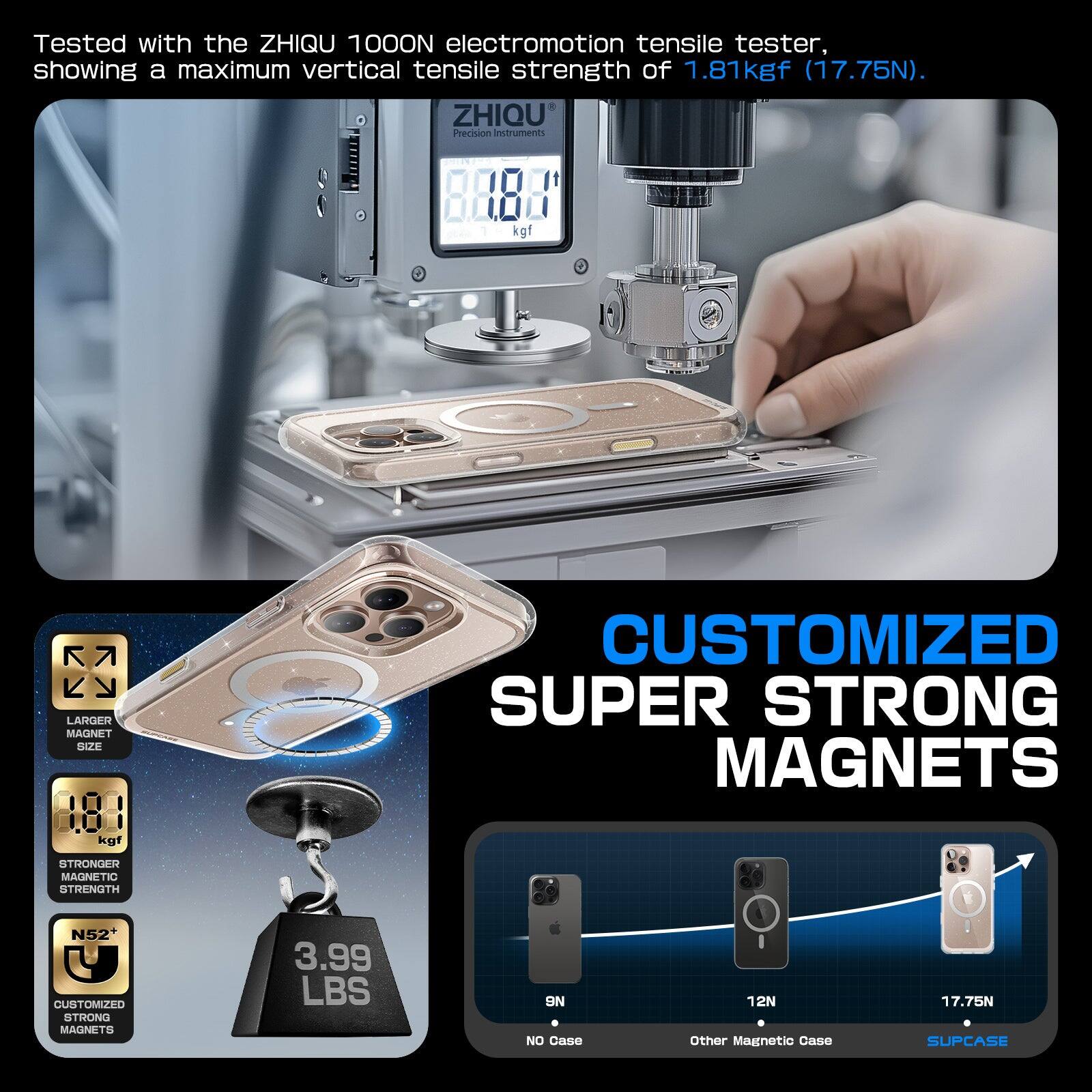 Tested with the ZHIQU 100ON electromotion tensile tester, showing a maximum vertical tensile strength of 1.81 kgf (17.75N). ZHIQU Precision Instruments offers larger magnet sizes, including 181 kgf customized super strong magnets with N52+U magnetic strength. The magnets weigh 3.99 lbs (1.81 kgf). 

- No Case: 12N
- Other Magnetic Case: 17.75N
- SUPCASE: 17.75N