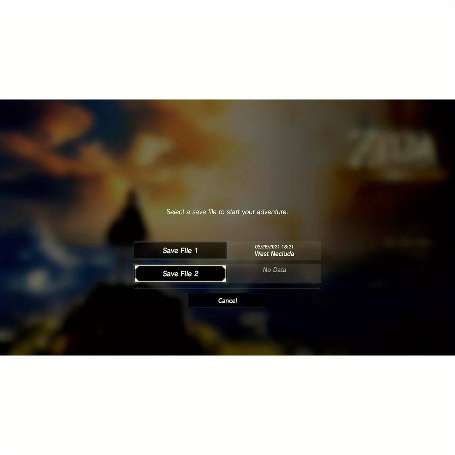 Select a save file to start your adventure.

Save File 1  
03/26/2021 18:21  
West Necluda

Save File 2  
No Data

Cancel