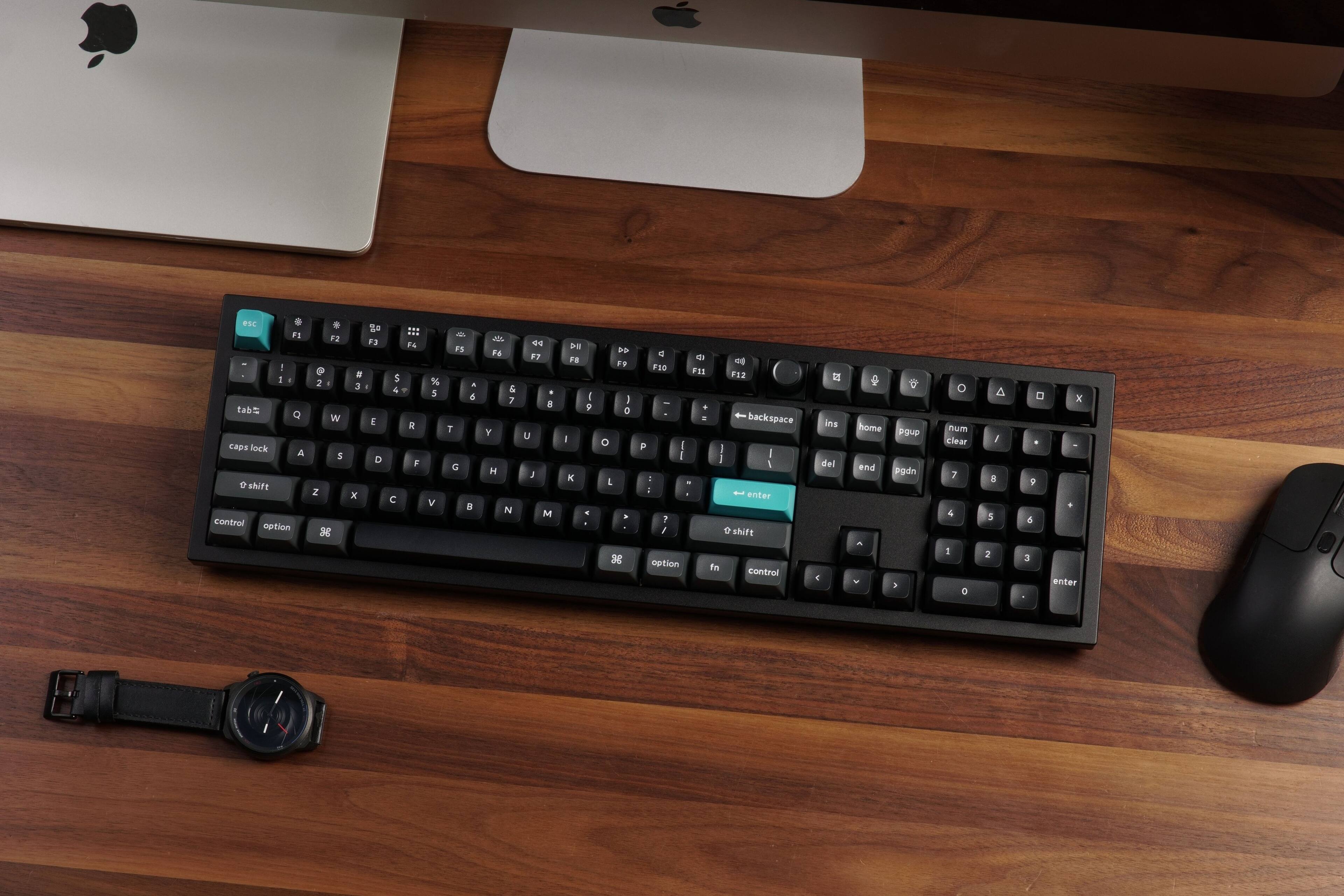 Sure, here is the corrected and grouped text from the image:

- esc
- F1 F2 F3 F4 F5 F6 F7 F8 F9 F10 F11 F12
- 1 2 3 4 5 6 7 8 9 0 - = backspace
- tab Q W E R T Y U I O P [ ] \
- caps lock A S D F G H J K L ; ' return
- shift Z X C V B N M , . / shift
- control option command spacebar
- fn control option
- enter
- home pgup pgdn end
- num 7 4 1 8 5 2 9 6 3 0 . enter
- clear