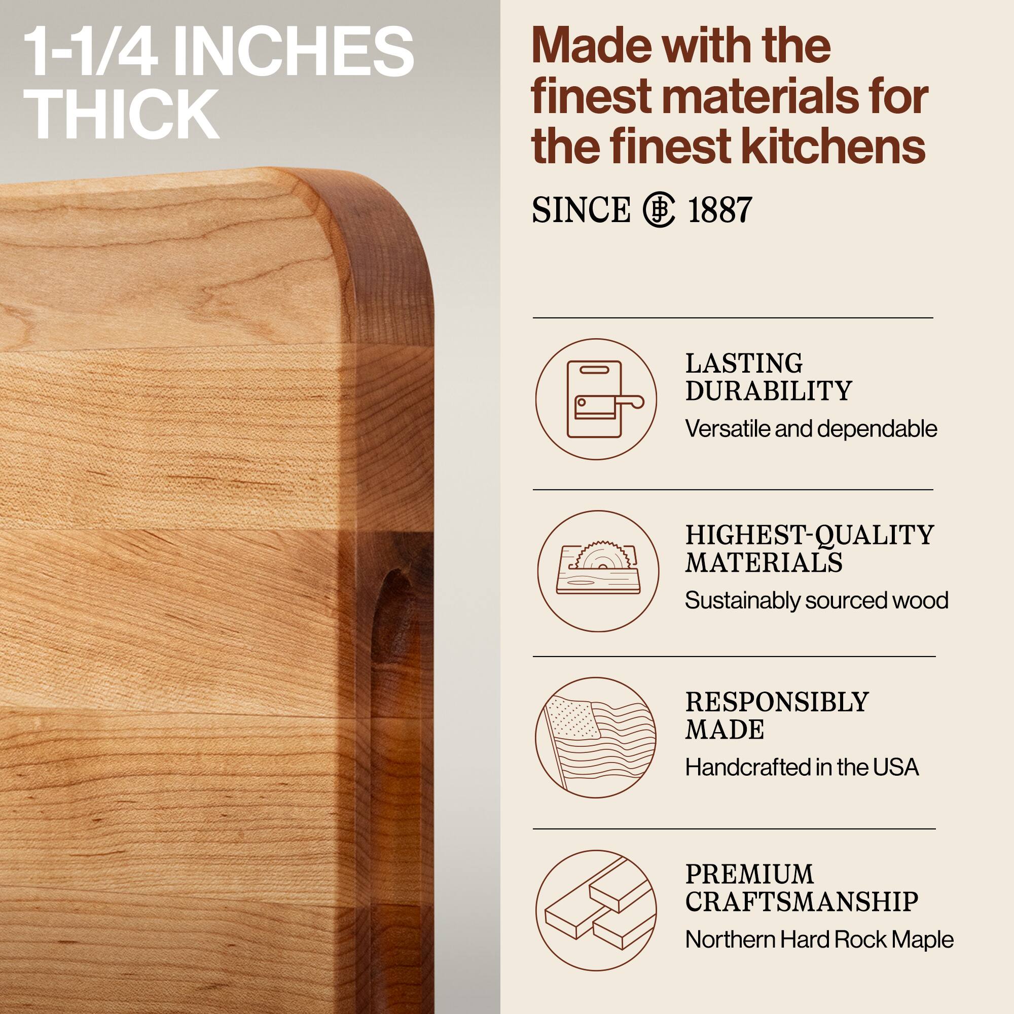 1-1/4 INCHES THICK

Made with the finest materials for the finest kitchens SINCE 1887

LASTING DURABILITY
Versatile and dependable

HIGHEST-QUALITY MATERIALS
Sustainably sourced wood

RESPONSIBLY MADE
Handcrafted in the USA

PREMIUM CRAFTSMANSHIP
Northern Hard Rock Maple