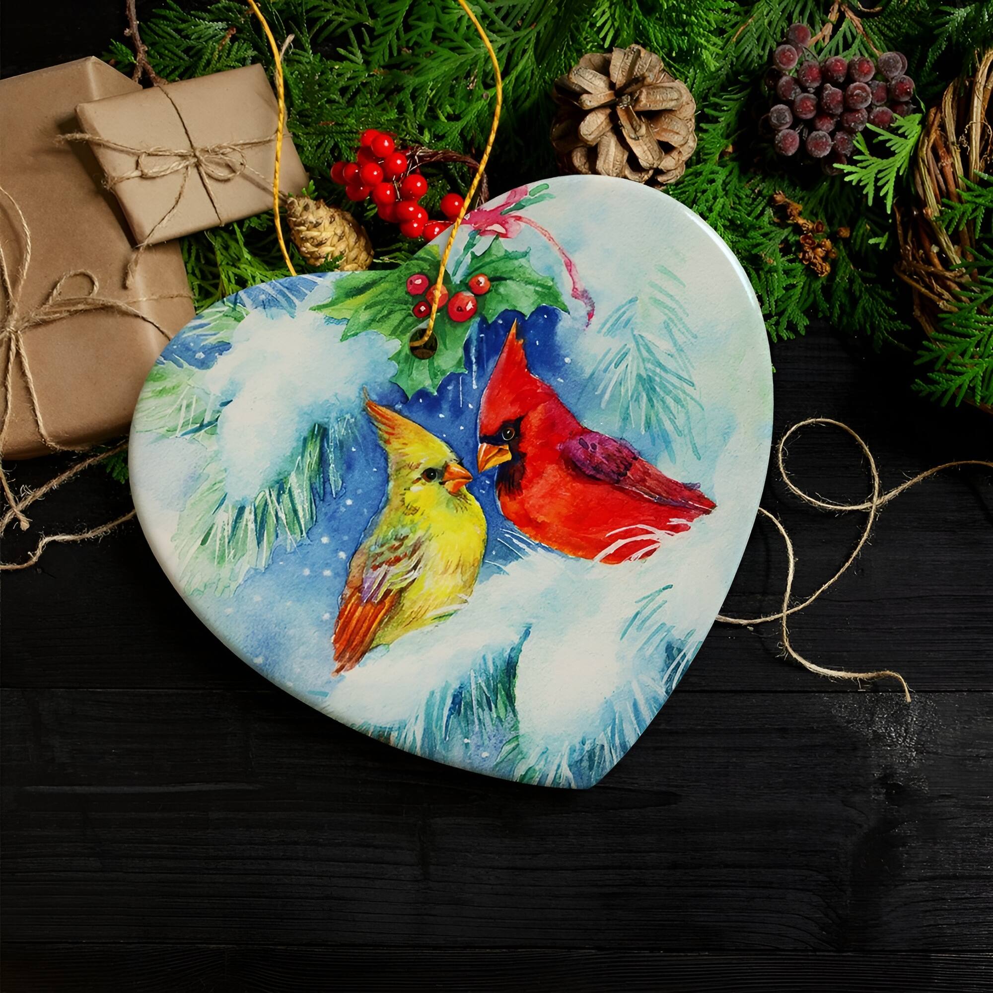Back. OrnamentallyYou - Watercolor Cardinal Mistletoe Romance Christmas Ornament - Multi-colored.