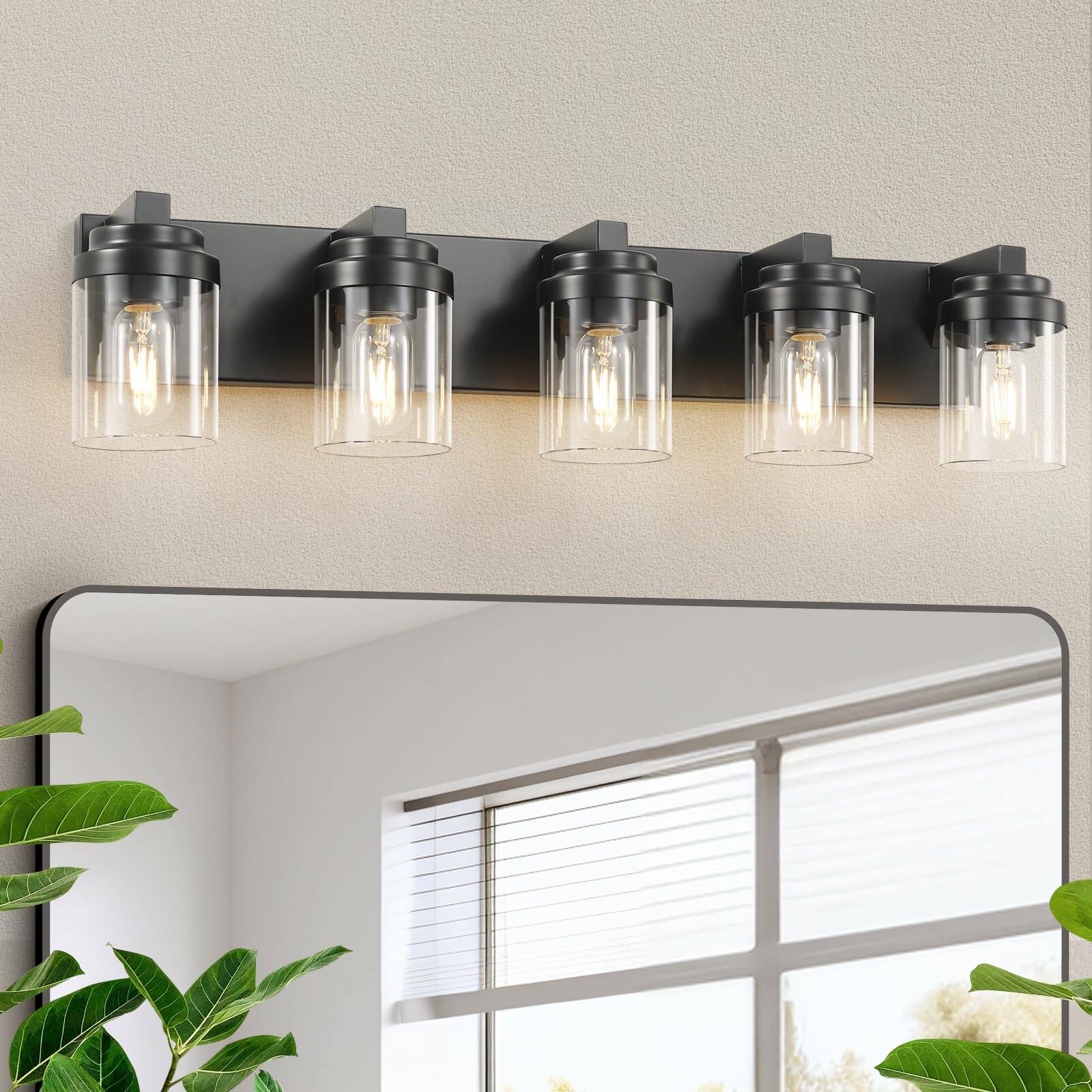 Earthley Blooms - Bathroom Light Fixtures Vanity Lights Over Mirror Polished Chrome With Glass Shade Modern Wall Sconce For C - Black 5-Light